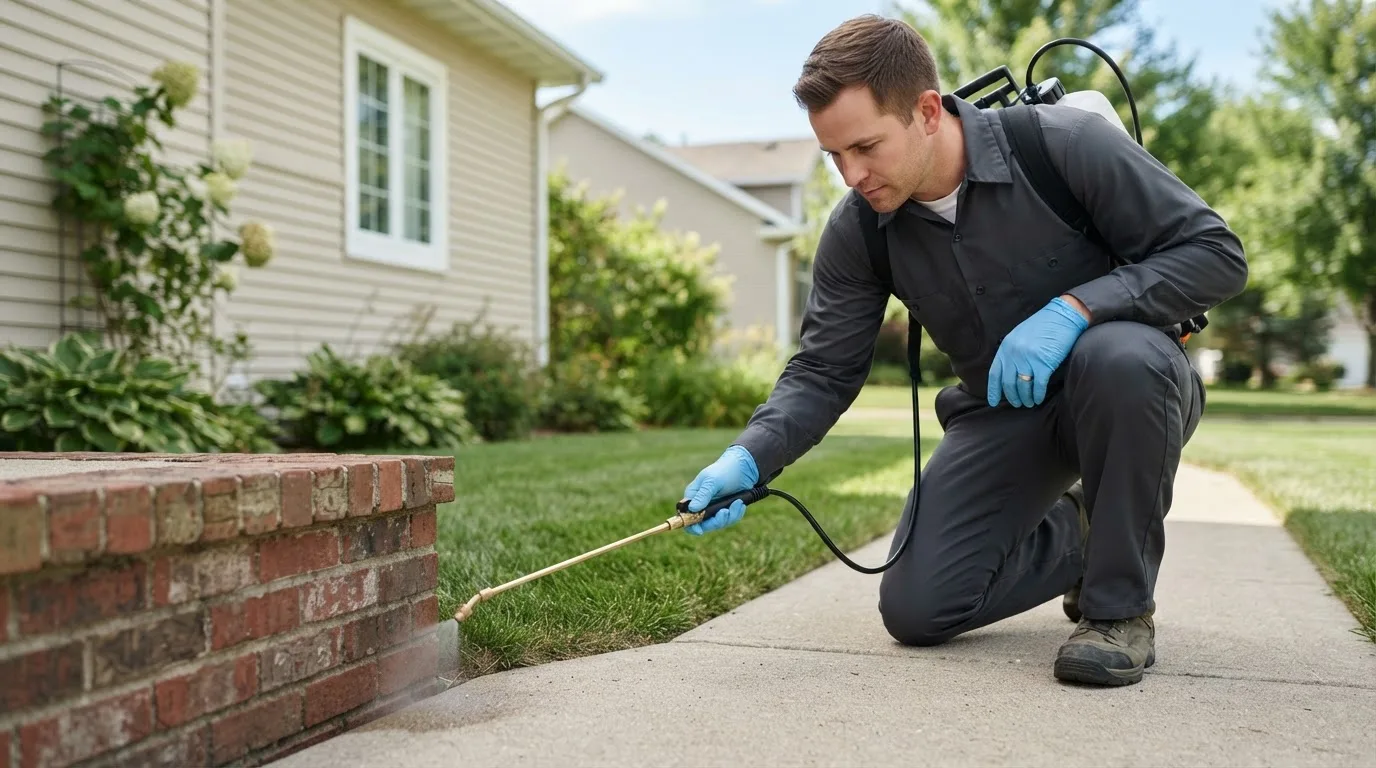 Pest control technician treating a home near Higginsville, MO