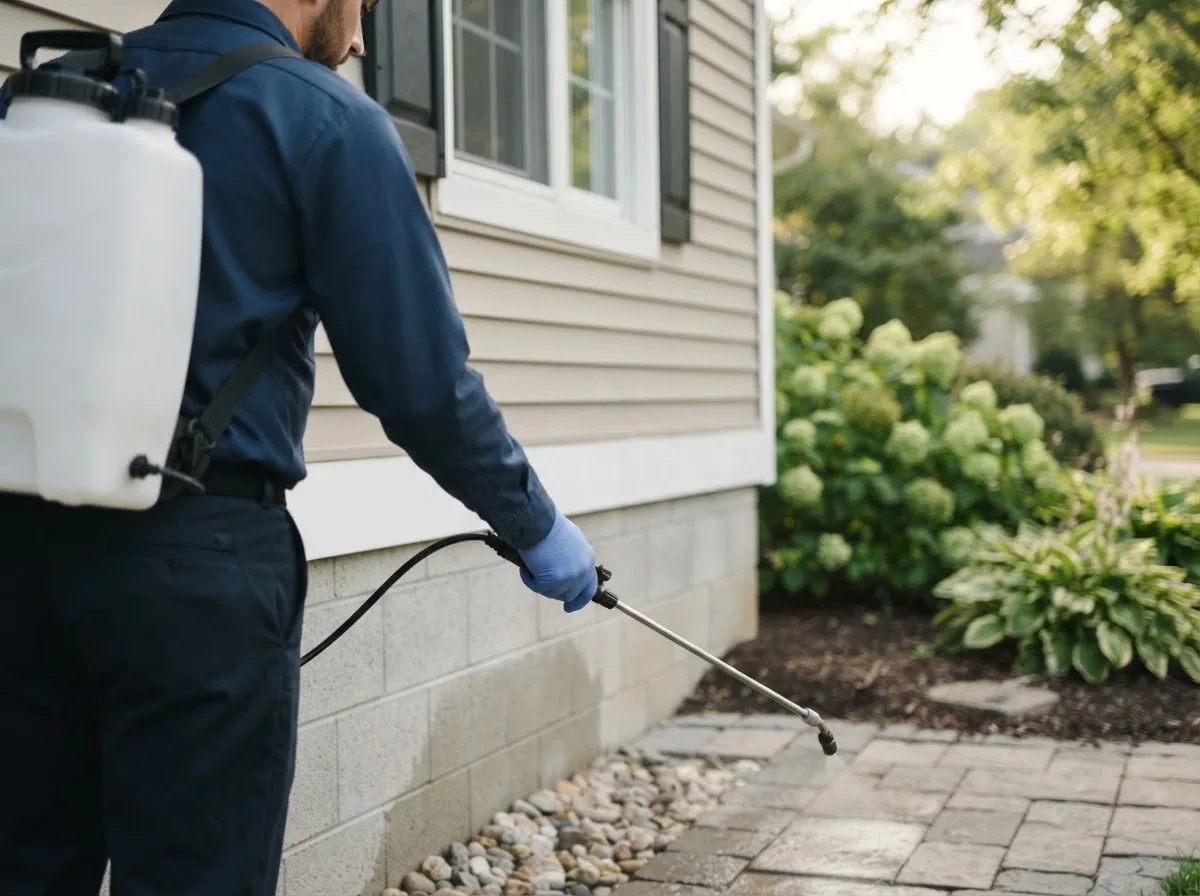 Pest control technician inspecting a home in Higginsville, MO